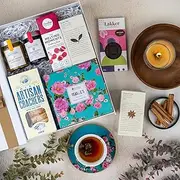 Tea Gift Set - Sweet Indulgence Tea Hamper - Luxury Tea Box - Tea Connoisseur's Delight - Cranberry Sauce, Mustard, Biscuits, Dark Chocolate, Ginger & Masala Chai Tea bags, Cup and Saucer Set & Sea Salt