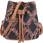 [Hyuyikuwol] Women Denim Mini Bucket Shoulder Crossbody Bag Drawstring Quilted Distressed Tassel Barrel Shape Satchel Purse