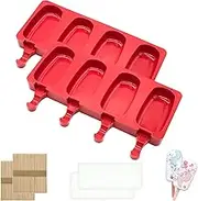 2 Pack Cakesicle Moulds, Cake Pop Mould, Ice Lolly Moulds, Popsicle Mould, Ice Cream Mould, Homemade Oval Popsicle Maker with 2 Lids & 100 Wooden Sticks for DIY Ice Cream (4 Cavities, Red)
