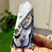 54G Natural black blossom stripe agate ObeliskQuartz Crystal Tower Healing
