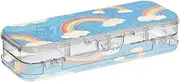 Yoogain Art Oil Painting Blue Rainbow Plastic Pencil Box Double-Deck Pens Boxes Case For Stationery With Snap Lid