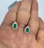 2Ct Pear Cut Lab Created Emerald Halo Stud Earrings 14K White Gold Plated Silver
