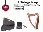 Plain Celtic Harp Rose 19 string Irish Style with Bag & Extra strings & key incl