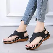 [HHZYT] Flat Sandals for Women Comfort Thong Style Flip Flops with Buckle Ankle Strap Summer Clip Toe Sandals with Arch Support Outdoor Beach Shoes,Black,US12/EU43