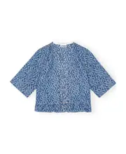 Blue Jacquard Denim Flounce Tie Blouse EU44
