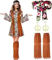 Women Hippie Costume Set Peace Sign Earring Necklace Headband Dress Ankle Socks, Black Floral