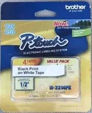 Brother Genuine M-231 1/2" Black on White Tape for P-Touch Labeler, 4 Pack New