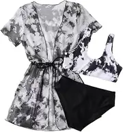 [COOLOYA] Girl's 3 Piece Bikini Set Tie Dye Print Bathing Suit High Waist Swimwear with Kimono Cover Ups