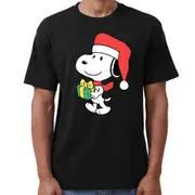 100% Cotton Christmas Unisex T-shirt Adult Tee Mens Top Santa Xmas Party Custume - Santa Snoopy (Black)