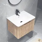 ACA International 610mm Length Unit Ceramic Basin Bathroom Cabinet Soft-Closing MDF Ripple Vanity Drawer Wall Mounted (Brown Without Faucet)