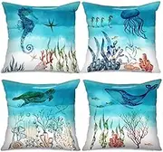 Tucocoo Underwater World Decorative Pillow Covers 18x18 inch Set of 4 Marine Organism Throw Pillow Covers Sea Turtle Jellyfish Pillowcase Blue Teal Cushion Case for Couch Sofa Bed Car Patio
