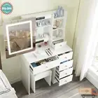 White Dressing Table LED Makeup Mirror Stool Set Vanity Desk & Drawers Shelves
