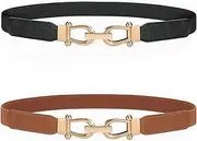 [MARRICKVILL] Women's Stretchy Waist Belt - Retro Elastic Skinny Belt for Ladies with Gold Buckle 2 pcs