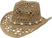 [Generic] Cowboy Hats for Women Classic Straw Cowgirl Beach Hat Music Festival Party Adult Sun Straw Western Cowboy Hats, B-khaki, One Size, B-khaki, One Size