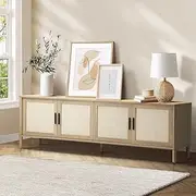 Oikiture TV Unit with 2 Twins Storage, TV Cabinet with Rattan Doors, 160cm Entertainment Unit Stand for Home Living Room Bedroom, Natural
