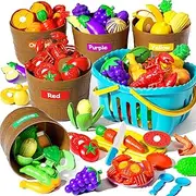 47PCS Play Food Set,Cutting Food Toy for Toddlers,Pretend Play Kitchen Accessories for Kids,Color Sorting Learning Toys for Boys Girls 3+