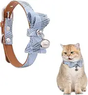 Cat Collar Breakaway Stylish Plaid Kitten Collar with Decorative Bow Tie and Bell for Pet (Neck 22-23cm, Blue)