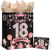 Rumia Rose Gold 18th Birthday Gift Bag with Happy 18th Birthday Greeting Card and Tissue Paper for Girls Rose Gold 18 Years Old Gift Wrap Bag for Christmas 18 Bday Party Decorations Supplies