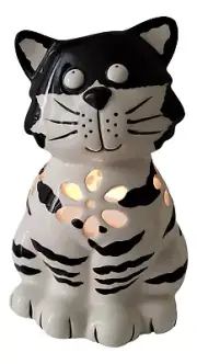 Kitty Cat Tealight Candle Warmer Burner Black & White Ceramic Holder w/4 Candles