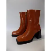 Ankle Boots Wide Fit Size 8 Women Tan Leather Block Heel Chelsea Square Toe ASOS