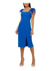 AIDAN Womens Blue Lined Feathered Sleeve Sleeveless Sheath Dress 2