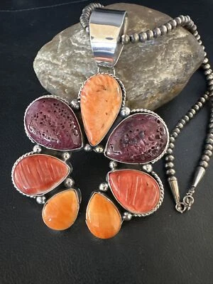 Red Spiny Oyster Naja Pendant Navajo Pearls Sterling Silver Necklace 14845