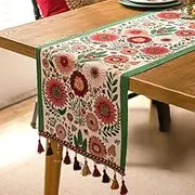 Boho Table Runner Flower Rustic Dining Table Centerpiece Decor with Tassels,Spring Farmhouse Decor Retro Coffee Table Runner for Dining Living Room Bedroom (35cm*120cm)