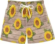 [RPLIFE] Boys Swimming Shorts, Anti-Chafe Swim Trunks Boys 2 T, Yellow Sunflowers Rustic Wooden Board