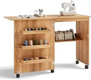 Giantex Folding Sewing Craft Table, Sewing Cabinet with 3 Storage Bins and Shelf, Rolling Craft Station Sewing Machine Work Desk with Lockable Wheels for Apartment Small Spaces, Light Brown