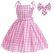 Barbie Girls Dress + Bow Hair Clip Pink Checker Cosplay Costume Halloween Party