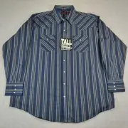 Plains Pearl Snap Shirt Men's Size XL Blue Striped Pockets Western Rodeo Cowboy