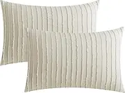 JELLYMONI 2 Pack Cream Grey Pillowcases King Size, Soft Microfiber Striped Tufted Pillow Covers with Envelope Closure (Pillows are not Included)