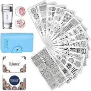 Biutee 19pcs Nail Stamp Plates set 15 plate 1 Stamper 2 Scraper 1 storage bag Nails Art Stamping Plate Scraper Stamper Set Leaves Flowers Animal Nail plate Template Image Plate