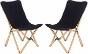 Costway Butterfly Folding Chair Set of 2, Bamboo Dorm Chair with Storage Pocket, Sturdy Base, 150 kg Capacity, Carry Bag, Indoor & Outdoor Sling Chair for Camping, Fishing, Picnic, Bedroom (Black)