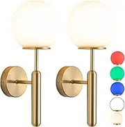Modern Style Battery Operated Wall Light fixtures Set of 2,Wireless classwall sconces with Remote Control dimmable.Glass lampshade，Suitable for Reading, Bedroom, Corridor Lighting(Color:Gold)