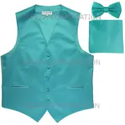 New Men's Vesuvio Napoli Tuxedo Vest Bowtie Hankie set prom party Aqua Blue