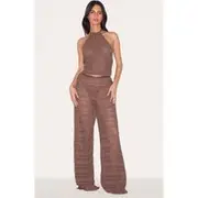 Chocolate Crochet Wide Leg Pant Beach Set, Chocolate