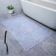 Non-Slip Bathtub Mat with Suction Cups & Drain Holes - Pebble Pattern Bath Rug for Secure Grip (63 * 33CM, Clear) + Bonus Dead Corner Cleaning Brush for Bathroom and Kitchen