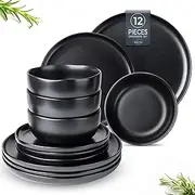 [AmorArc] Ceramic Dinnerware Sets, Wavy Rim Stoneware Plates and Bowls Sets, Highly Chip and Crack Resistant | Dishwasher & Microwave & Oven Safe Dishes set, Service for 4 (12pc)-Matte Black