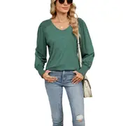 Women's Wrinkle Shoulder Lantern Sleeves Top - Dark Green