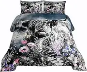 Erosebridal Highland Cow Flower Comforter Set Full Size Bull Cattle Bedding Set Western Funny Animal Duvet Stuffing Wildlife Farmhouse Cow Bed Quilt Mountain with Firforest Bedroom Decor