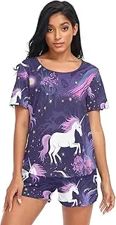 [RPLIFE] Purple Unicorns Womens Shorts Sleepwear, Matching Lounge Set, Purple Unicorns, Large
