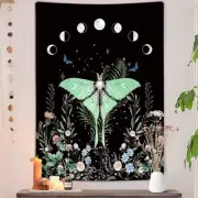 Trippy Floral Moth Moon Vertical Tapestry, Aesthetic Flower Black Witchy Taro...