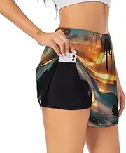 [GaxfjRu] Beach Maui Hawaii Sunset Sea Waves Clouds Print Women's Running Shorts High Waisted Running Shorts Pocket Sporty Gym Elastic Short