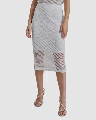 Dkny Women's White Lined Cotton Pull On Open Stitch Midi Skirt Size XL