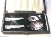 FRENCH 1920s BABY FEEDING FLATWARE SET : FORK & SPOON~ SILVER PLATED ~NEW IN BOX