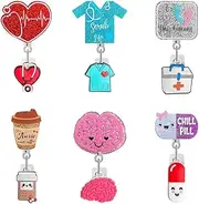 Justivana Cute Nurse Badge Reel, 6pcs Funny Nursing ID Card Glitter Badge Holder Retractable Clip Nurse Name Tag Holder