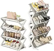 Foldable Shoe Rack, 4 Tier Narrow Shoe Organiser, Adjustable Shoe Rack for Closet Hallway Entrance Bedroom Bathroom Space Saving Vertical Shoe Organizer for Small Spaces