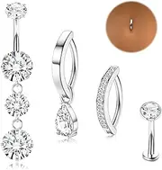 [Chriscoco] Belly Button Bars 14G Surgical Stainless Steel Belly Button Piercing Hypoallergenic Clicker Belly Button Ring Silver/Gold Dangly Belly Bars CZ Navel Piercing Jewelry for Women Girls