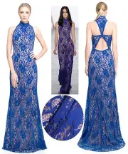 Tadashi Shoji Runway Sage Jewel Blue Nude Lace Cut Out Halter Dress Gown